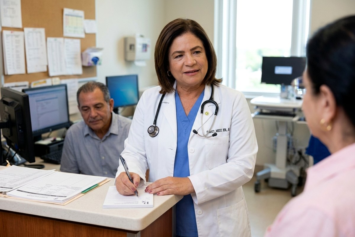 Dr. Jorgelina D'Fana Valdes, APRN, speaking with patients at the clinic front desk